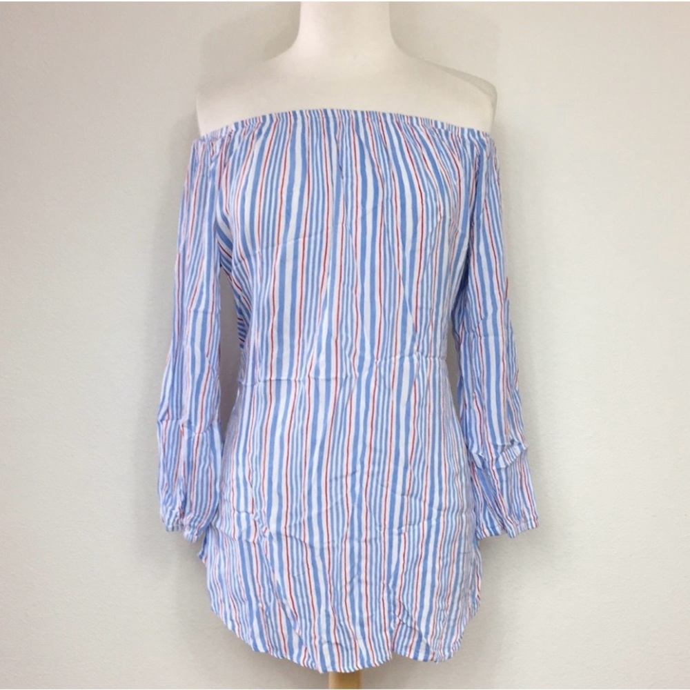 Lucy Love Blue White Stripe Off Shoulder Balloon Sleeve Blouse Tunic Size Large - Picture 5 of 16